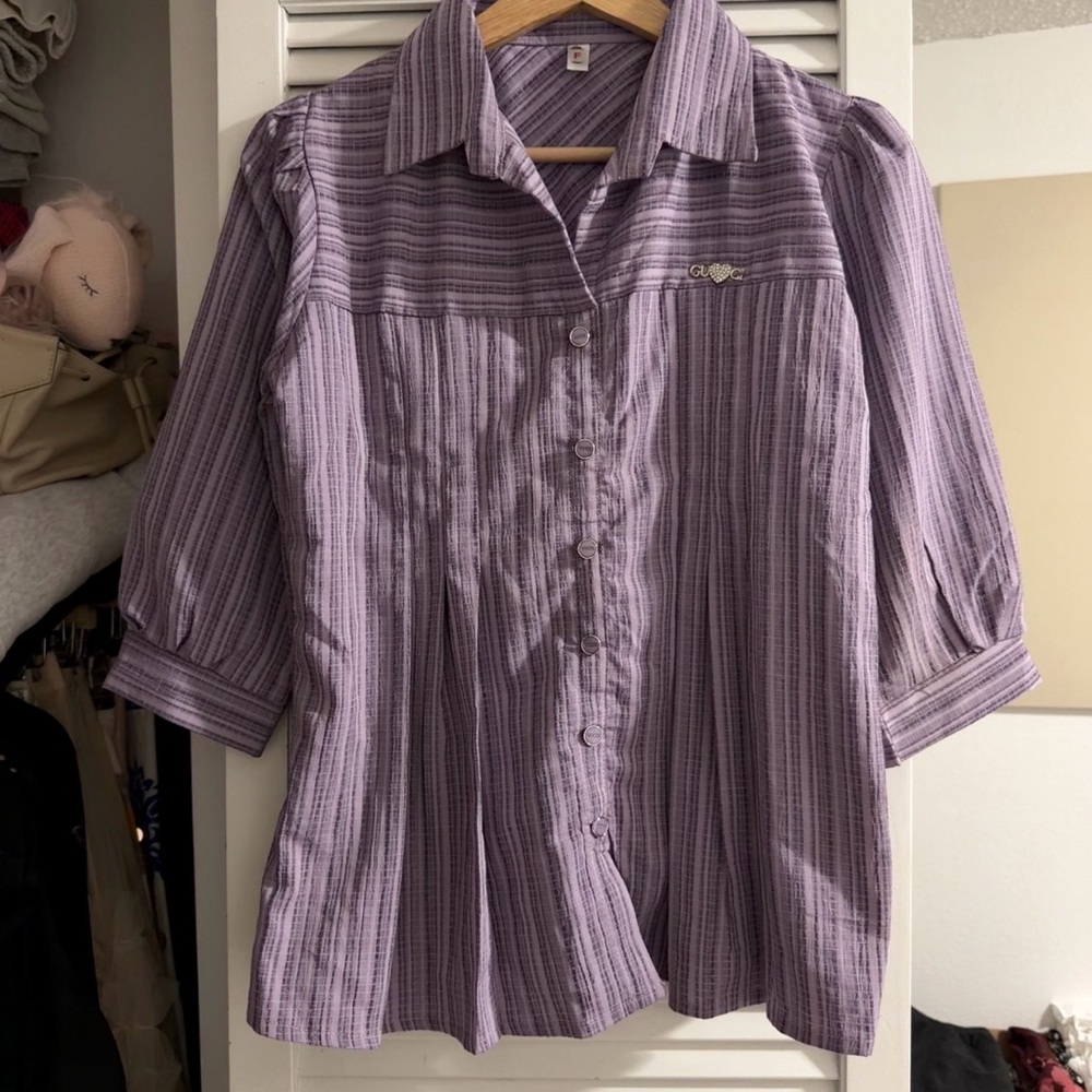 Lavender Stripe Button-Front Blouse with Heart Emblem | S | NWOT